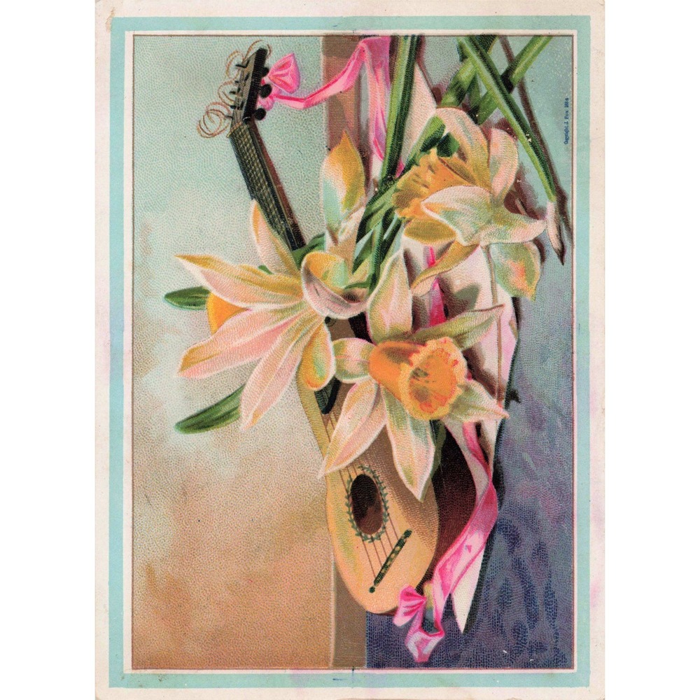 Antique Victorian Trade Card Lion Coffee Mandolin Daffodils Chromolithograph - Picture 1 of 2